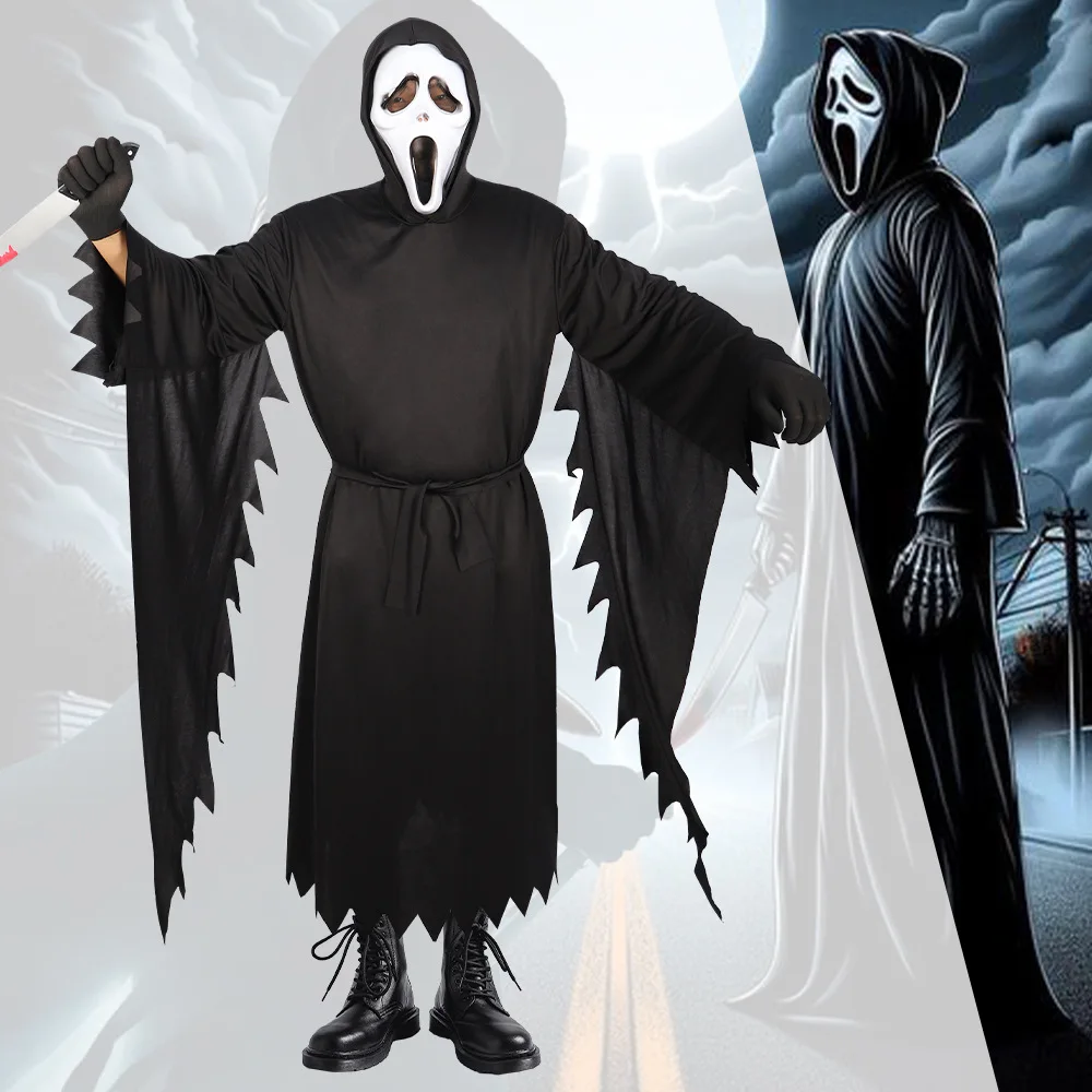 Gruseliges Cosplay-Kostüm, Todesgott, Halloween-Terror-Robe, Rollenspiel-Maske, Erwachsenenkleidung, T-Shirt-Acetatfaser, 00 % Bühnenkostüm