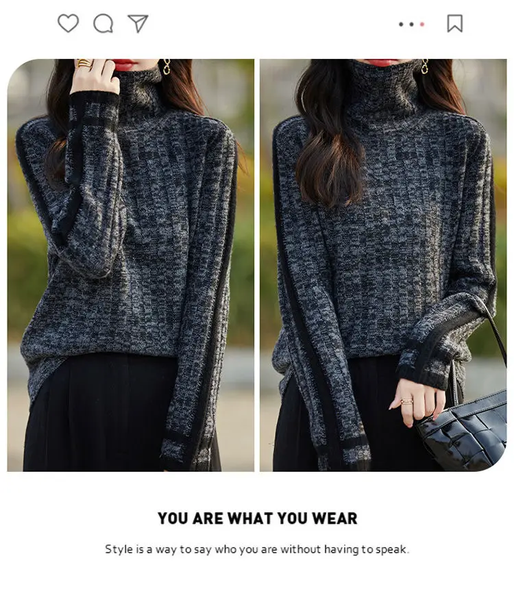 Pile pile collar yarn color blocked Knitted Sweater, for Women's, Autumn Winter Pullovers, new high neck Jersey Tops