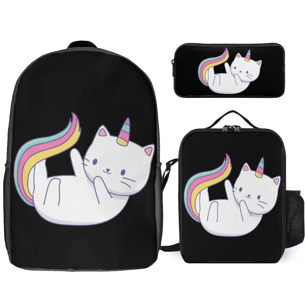 Divertidos De Cat Unicornio For Sale 3 in 1 Set 17 Inch Backpack Lunch Bag Pen Bag  Durable Pencil Case Snug Picnics Graphic Vin