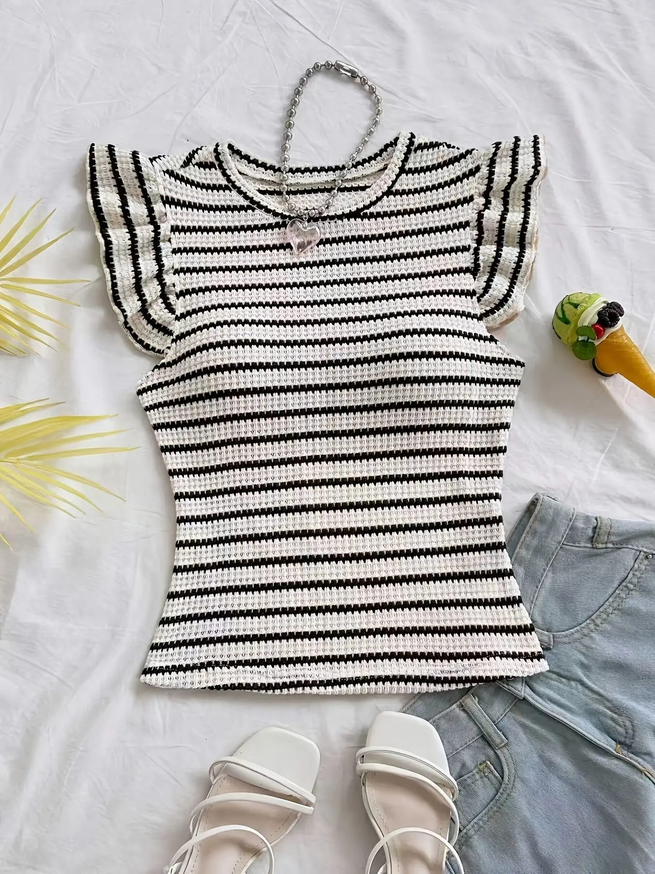 Women Casual Color Block Stripe T Shirt Ruffle Trim Flounce Sleeve Holiday Daily Wear Ladies Tee
