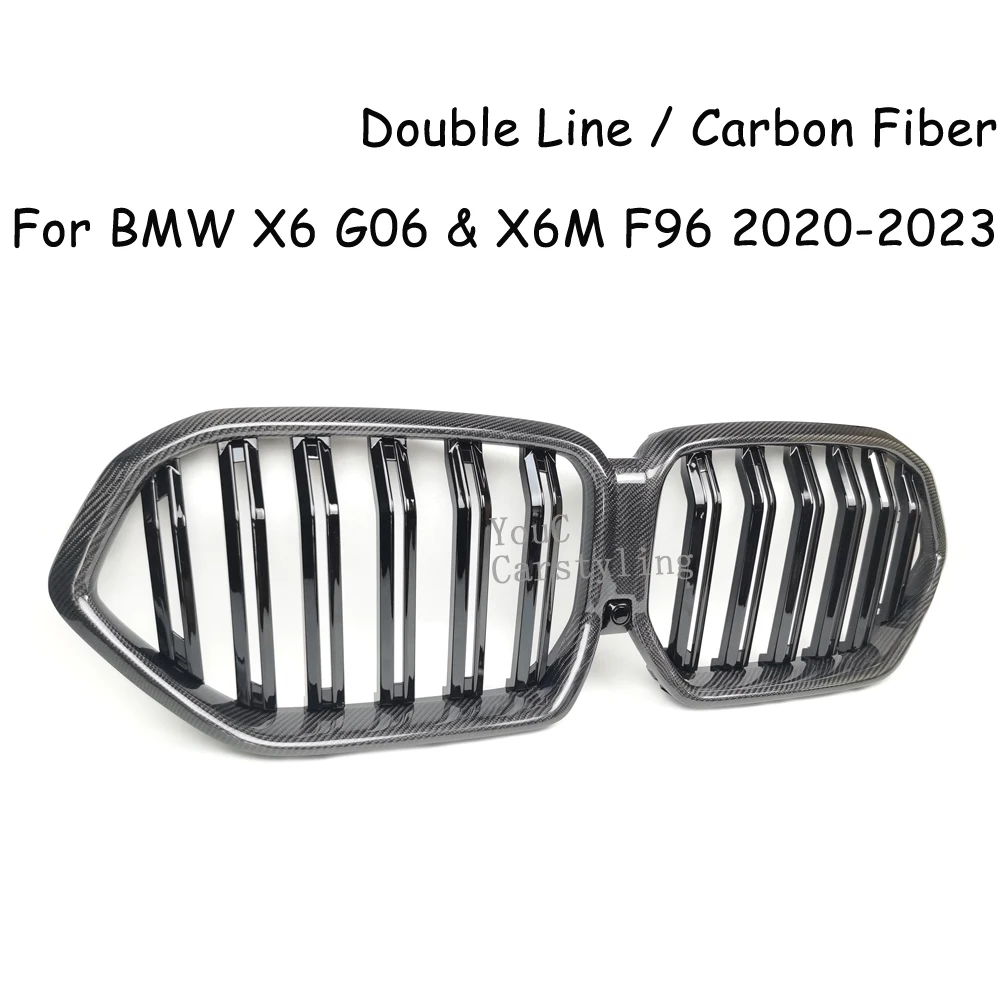 G06 Carbon Fiber Double Slat Gloss Black Front Bumper Kidney Replacement Grille For BMW X6 G06 X6M F96 2020 2021 2022 2023