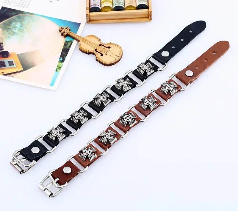 Retro Punk Connection Cowhide Alloy Cross Men\'s Leather Bracelet Brown Classic Trendy Casual Sporty Unisex Snap Button Jewelry