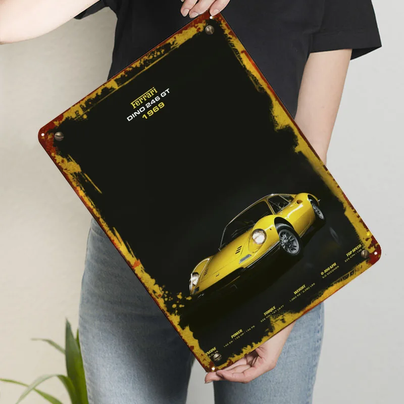 فيراري دينو 246 GT 1969 علامات معدنية ملصق سيارة ديكور غرفة جمالية للرجال علامة صفيح مخصصة لتزيين جدران الفن رجل كهف #3