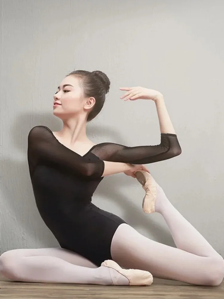 رومبير باليه شبكي بدون ظهر - بدلة رقص ضيقة بأكمام طويلة لأداء المسرح والتعبير الفني