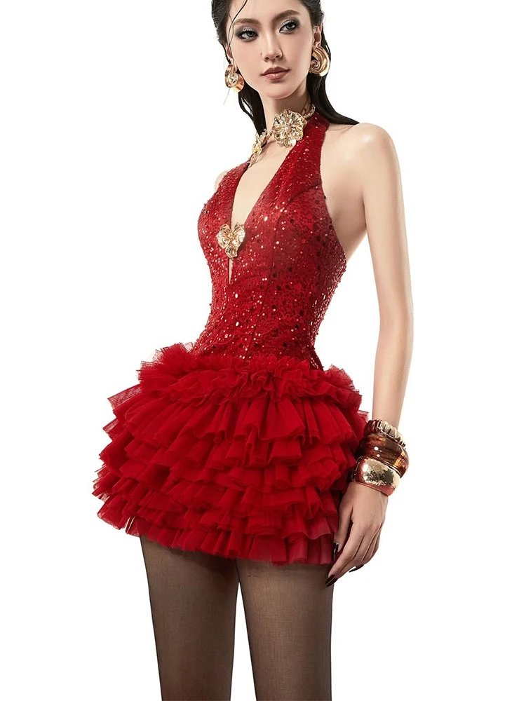 

WEIRD PUSS Роскошное платье с холодным вырезом для девочек, яркое ожерелье с блестками и глубоким V-образным вырезом, женская юбка-торт с украшением в виде сердца и высокой талией