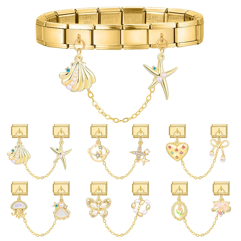 Gold Color Butterfly Starfish Shell Tassel Chain Italian Charm Links Fit 9mm Stainless Steel Bracelet Men Women DIY Making Gifts