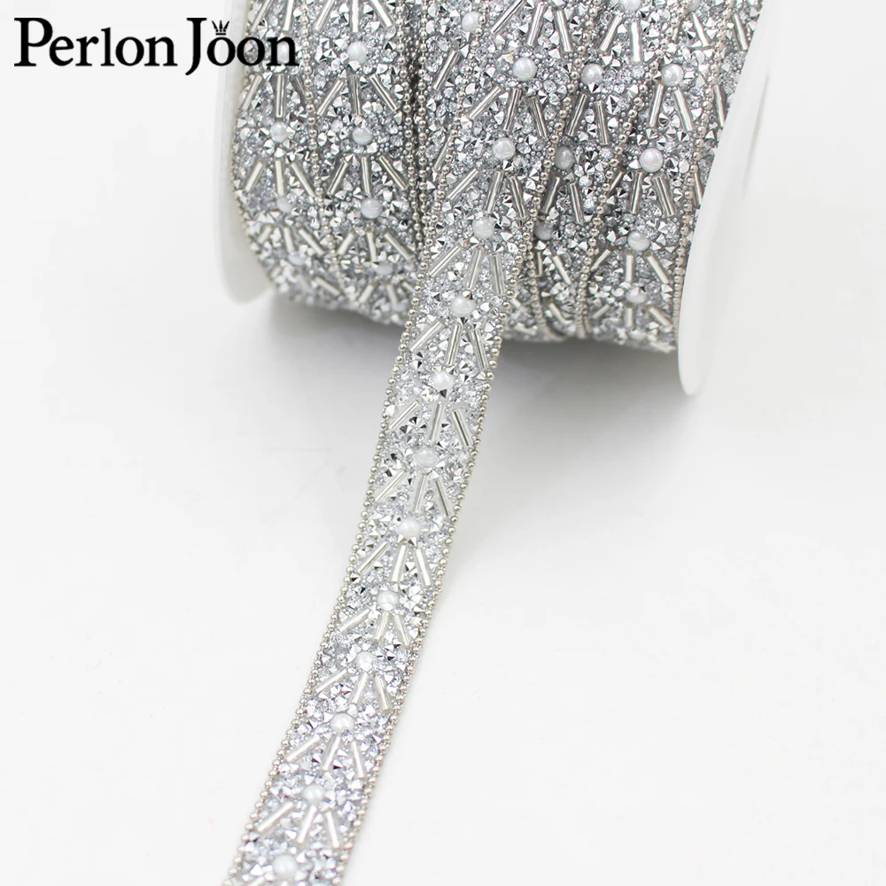 18mm silver pearl beads chain rhinestone trim tape hot fix craft crystal decoration iron on webbing clothing bags shoes TR167