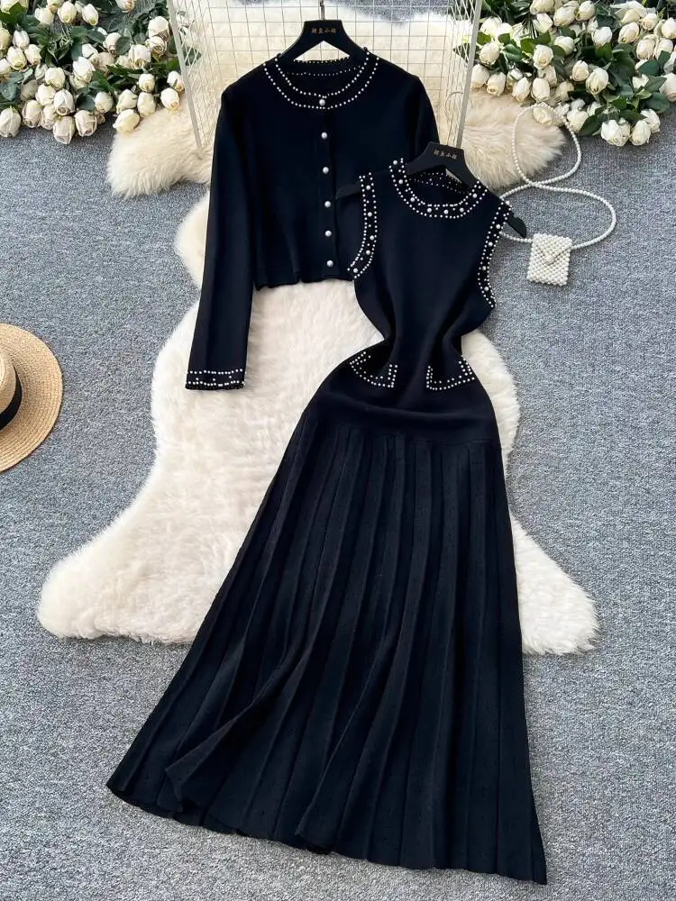 Women Vintage Knitted Two Piece Sets Autumn Winter Nail Bead Round Neck Sleeveless Dress Long Sleeved Cardigan Jacket Outfits