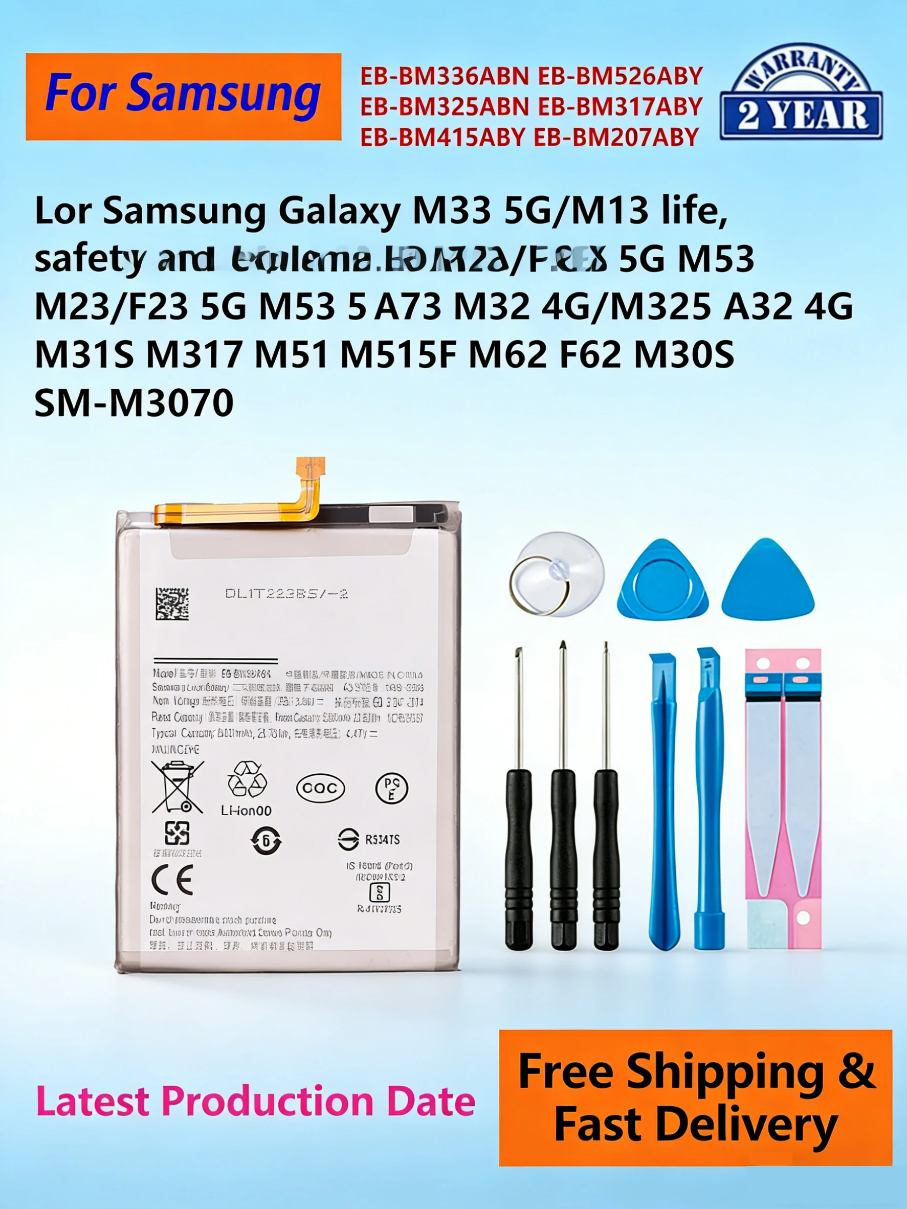 

EB-BM336ABN Battery for Samsung M33 5G M13 M53 A73 F13 M32 M31S M51 M30S Phone Replacement Internal Batteries + Tools