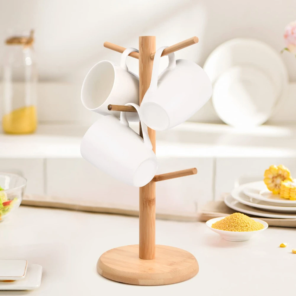Bamboo Wood Mug Holder Tree Coffee Cup Organizer Rack 6 Hooks Cup Stand Drying Storage Detachable Anti-Slip Weighted Round Base