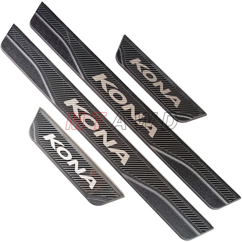 For Hyundai KONA EV Accessory 2024 2023-2017 Carbon Stainless Car Door Sill Kick Scuff Plate Protector Trim Cover Guard Pedal