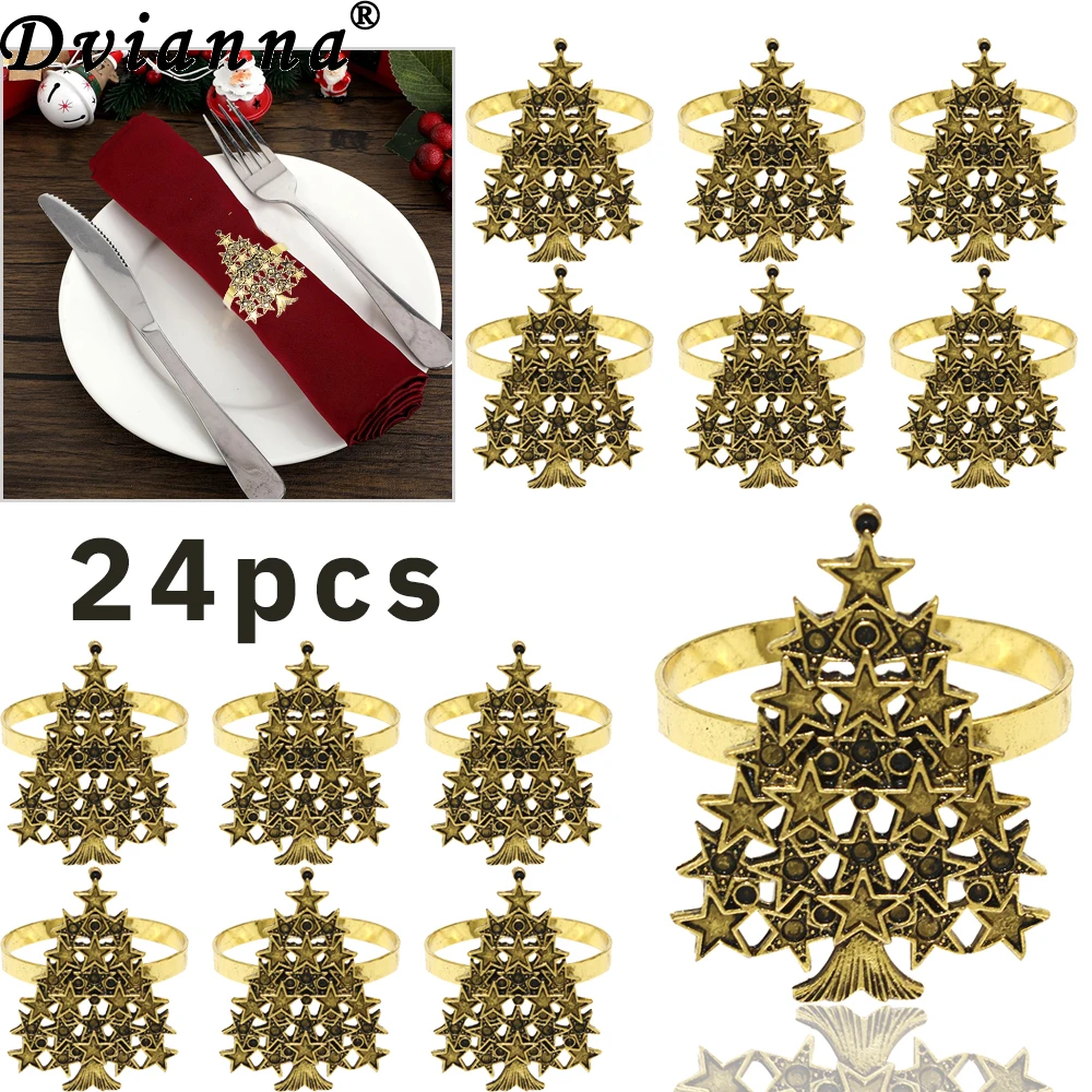 24Pcs Metal Christmas Tree Napkin Rings Thanksgiving Party Napkin Rings Holder for Wedding Dinner Party Family Gathering Decor