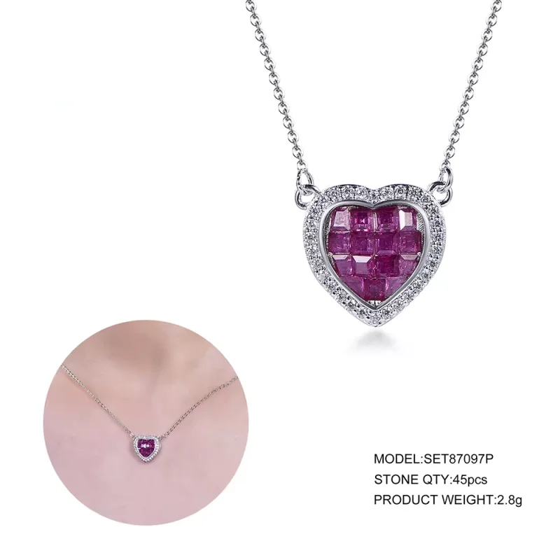 Popular Invisible Design Silver Zircon Necklace Ruby Diamond Heart Shaped Pendant  Necklace