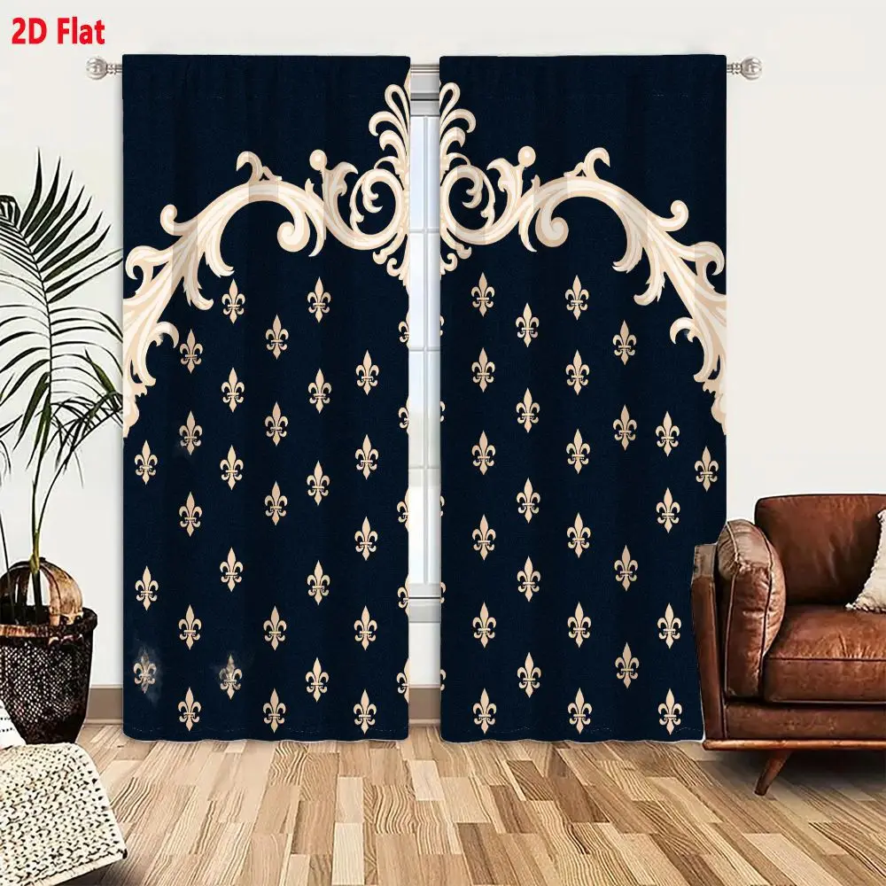 2Pcs Curtains Add 2D Flat Decorative Baroque Crest With Fleur De Lis Pattern On Navy Blue Background Window Drapes for Bedroom R