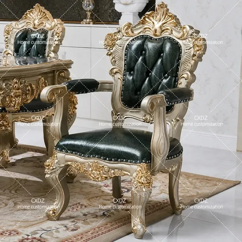 European Style Leather Dining Chair Solid Wood Backrest American Retro Home Leisure Computer Study Chair