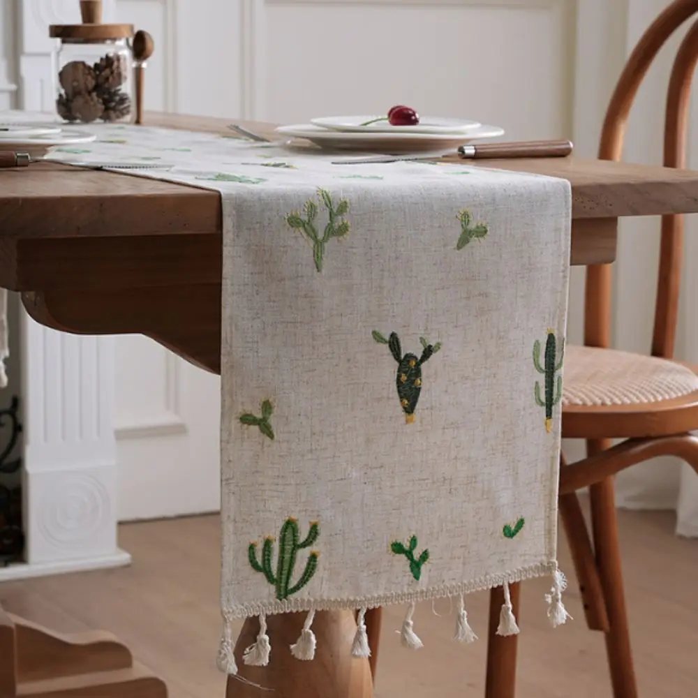 Rustic Style Linen Embroidery Table Runner with Tassel Flower/Cactus Pattern Table Cloth Long Strip Decorative TV Cabinet Cover