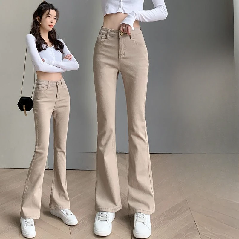 Retro Slim Fit Skinny Denim Pants for Women Khaki Flared Trousers High Waist Shot Womens Bell Bottom Jeans South Korea Unique A