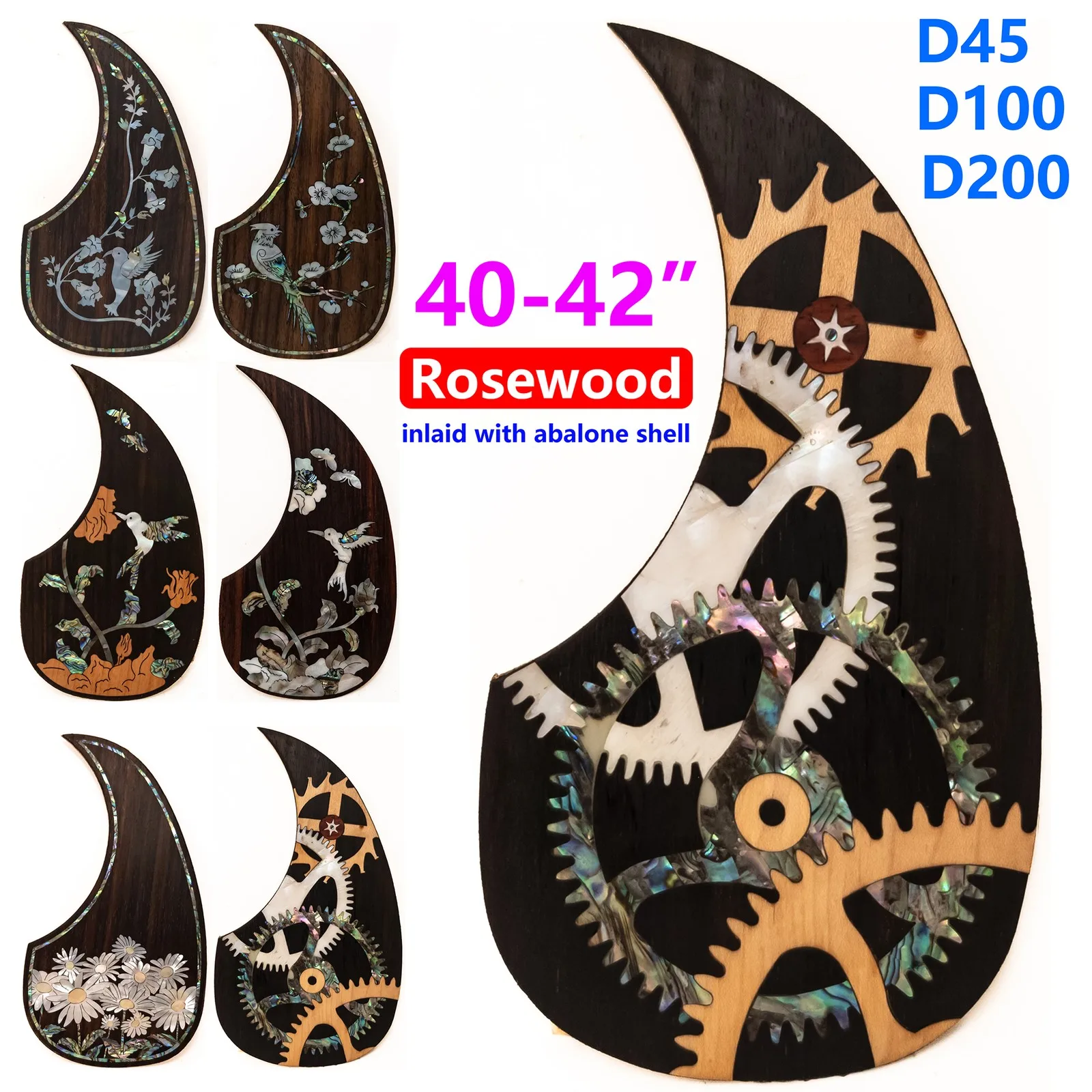 

Накладка для акустической гитары из палисандра с инкрустацией в виде ракушки морского ушка 2 мм для серии D, 45, 100, 200, также подходит для большинства гитар диаметром 40–42 дюйма