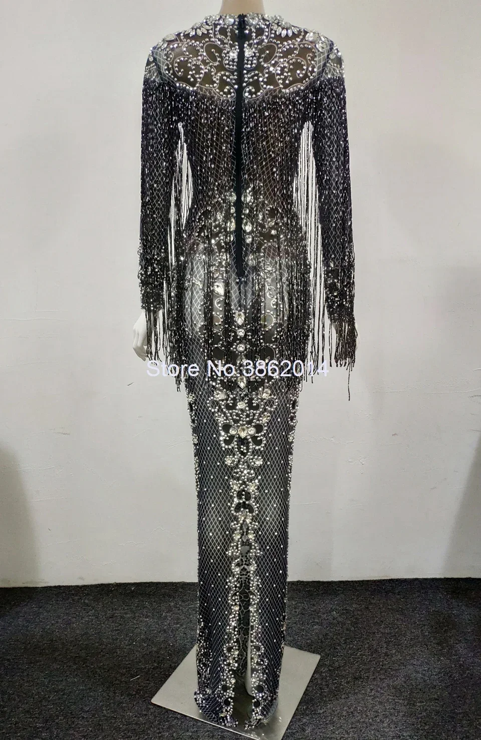 Black Diamond Fringes ชุดดูผ่านคริสตัลชุดราตรียาว Rhinestones ชุดวันเกิดพู่เครื่องแต่งกายเวที