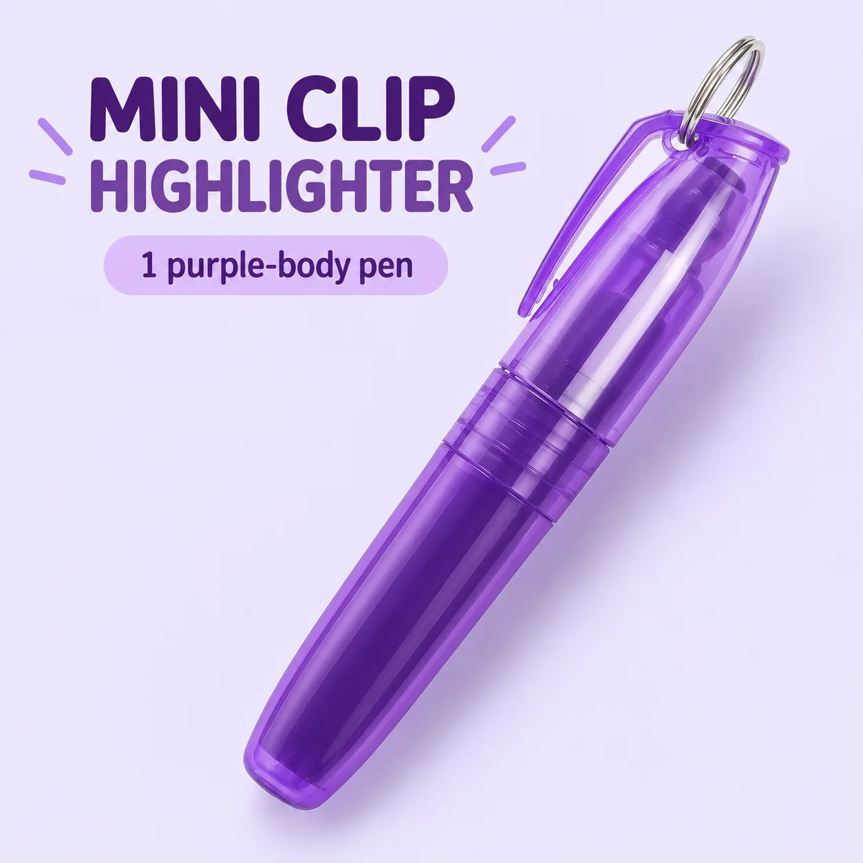 1 Transparent Purple Mini Chisel Highlighter with Clip Cap and Metal Ring