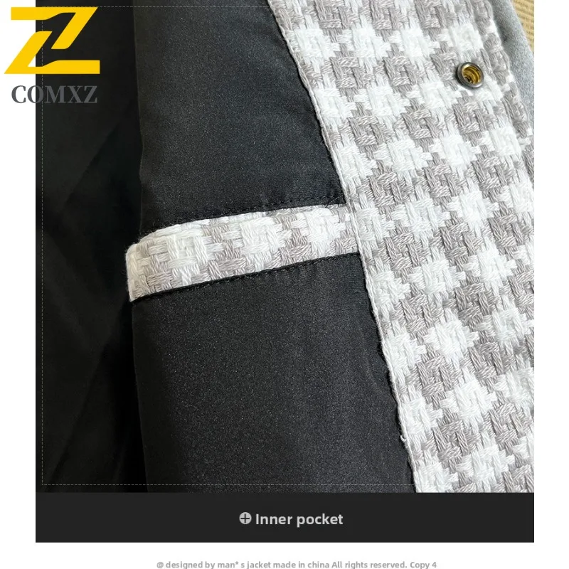 COMXZ Autumn Jacket Men Baseball Loose Black White Plaid Color Block Fashion All-Match Casual Korean Style outdoor sports Coat