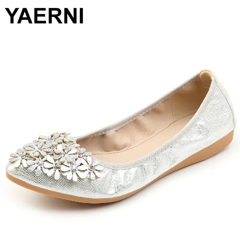 YAERNI  Hot Crystal Flats Ballet Floral Flat Shoes Rhinestone Women Spring Autumn Flower Pointed Toe Golden Shoes Loafers C228