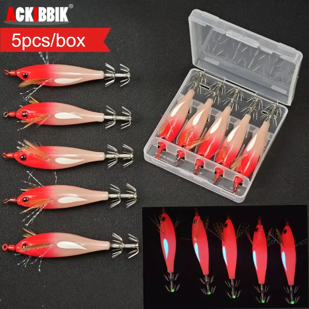 5Pcs/Box Luminous Horizontal Squid Jig Egi Set Simulation Shrimp Fishing Lure Glow in Dark Cuttlefish Octopus Tackle Bait