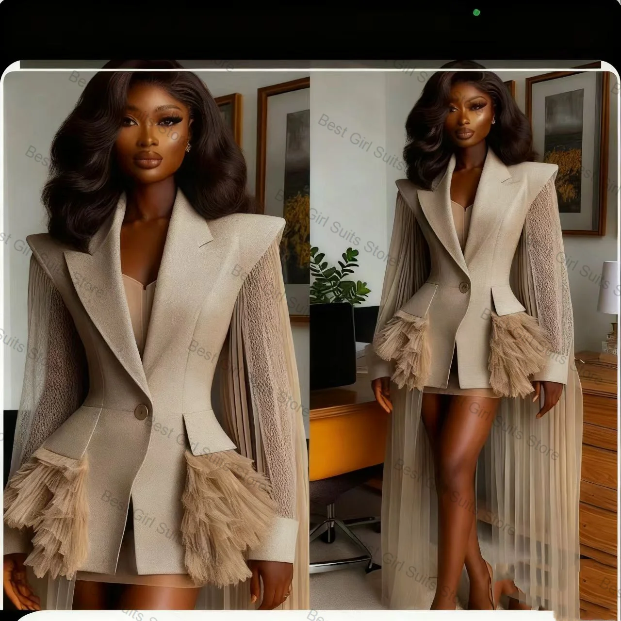 Khaki Wrap Women Suit Set 2 Piece Blazer+Short Prom Dress Formal Business Office Lady Jacket Customized Prom Wedding Coat