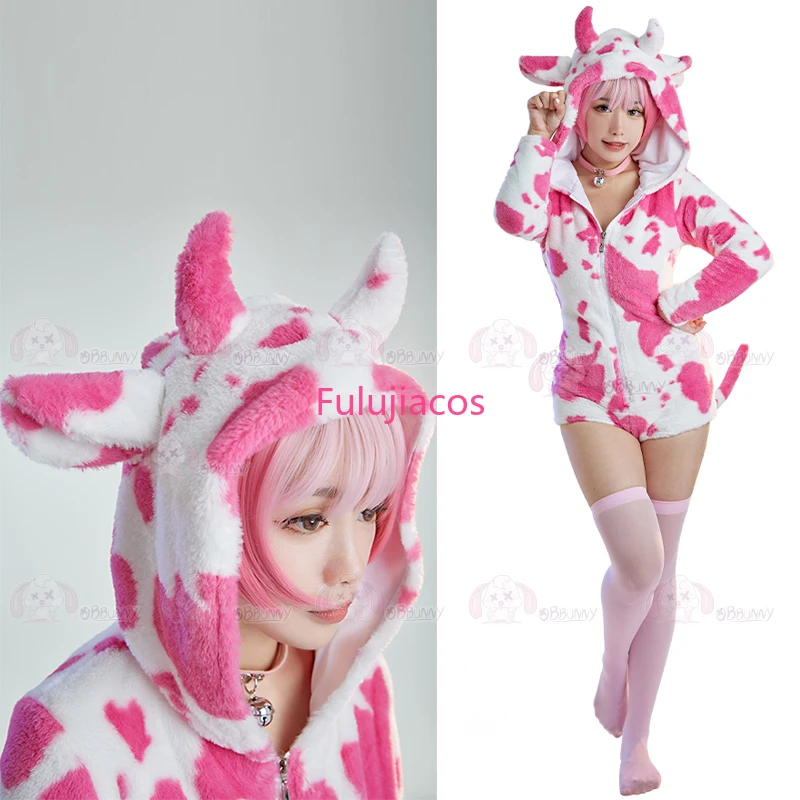 

Pink cow plush cosplay cute female cartoon anime soft and cute clothing jumpsuit