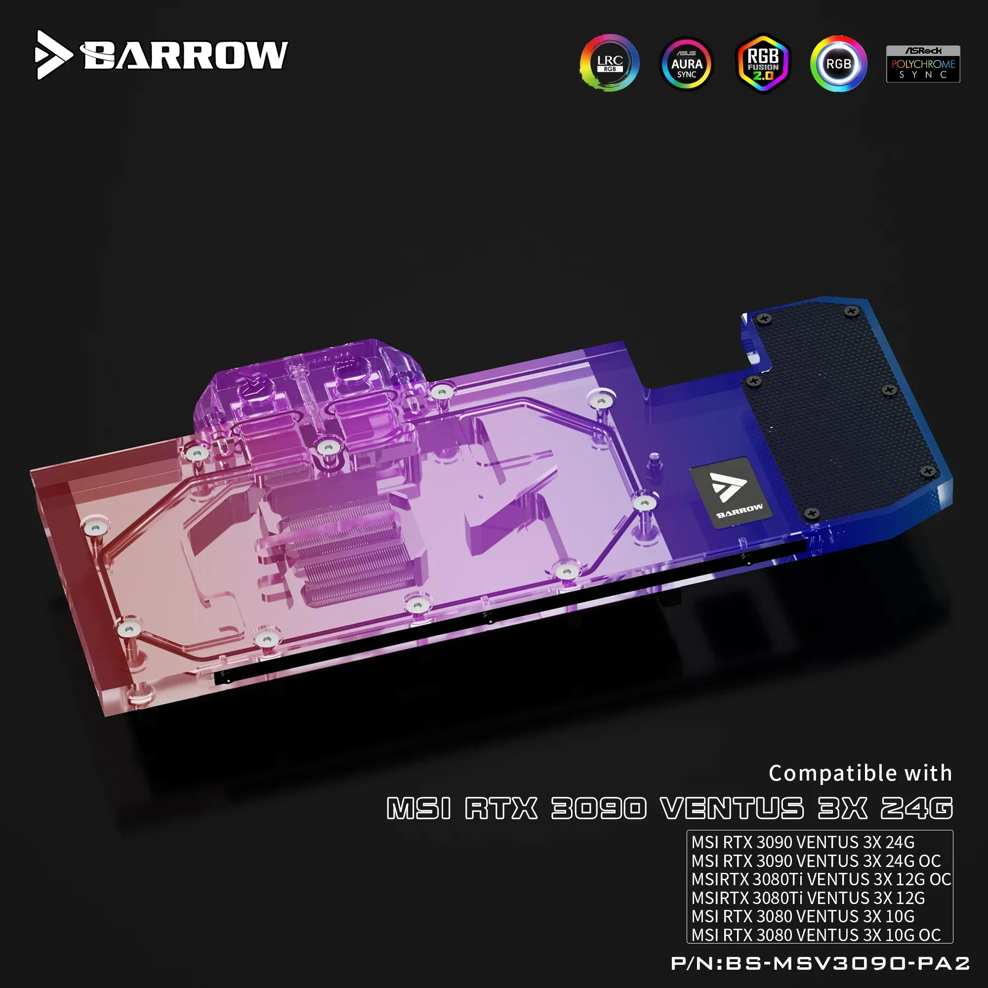 Barrow-Refroidisseur de carte GPU Water nights, pour gelée RTX 3090/3080 Ti VENTUS 3X, 5V ARGB 3PIN AHatchSYNC