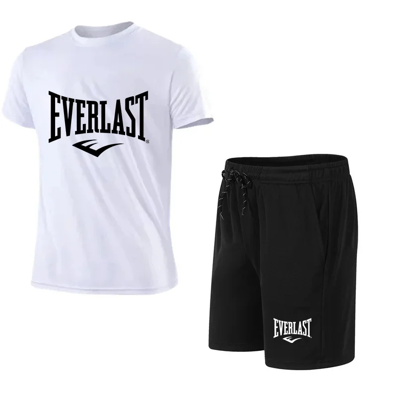 2024 Fashion EVERLAST Men\'s T-shirt + Shorts 2pcs Set Leisure Breath Short Sleeve Sport Jogging Gym Brand Print Clothing