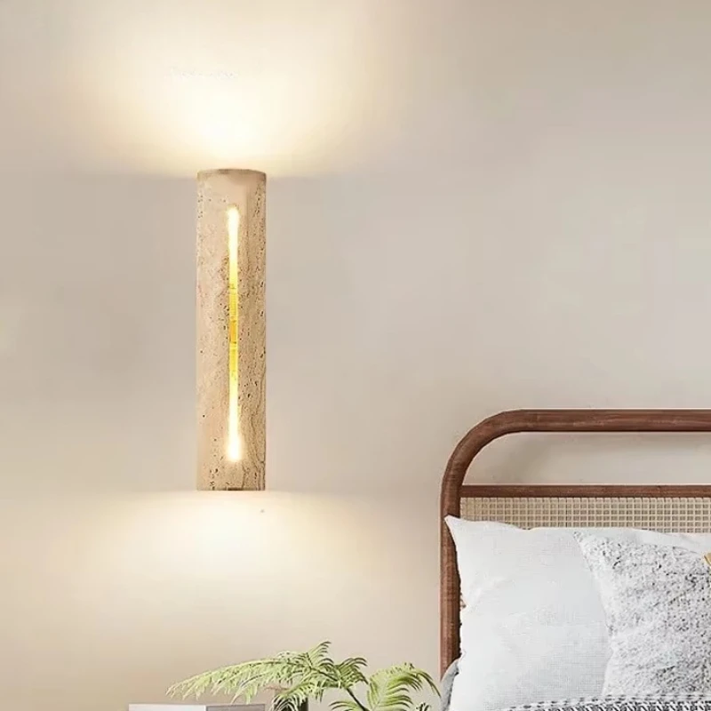 Japanese Yellow Travertine Wall Light Stone Wood Wall Sconce Lamp for Living Room Bedroom Bedside Corridor Home Decor Lighting