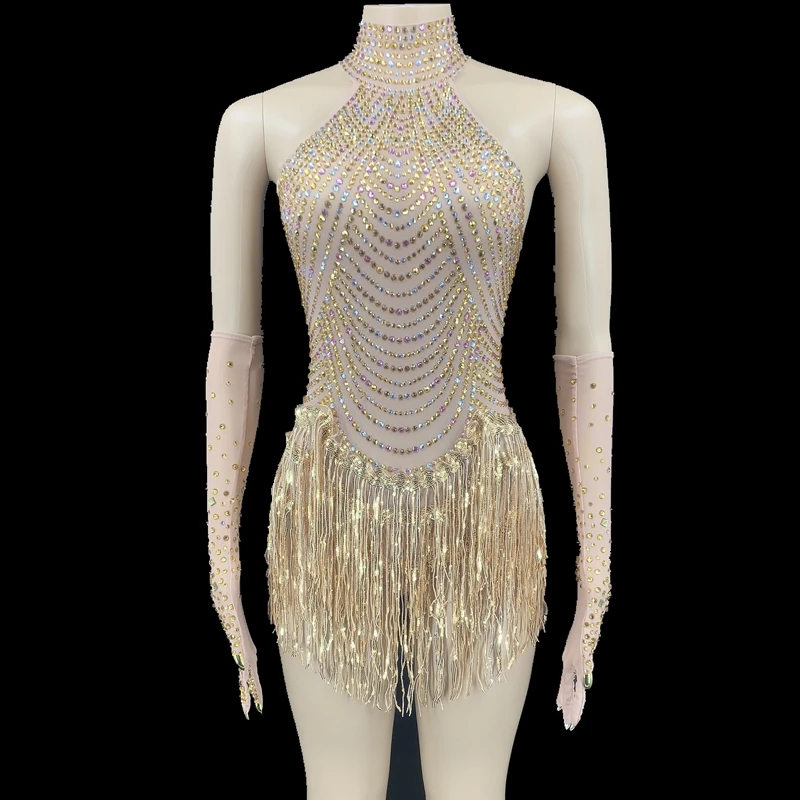 Shining Rhinestones Fringes Dance Bodysuit Sexy Women Mesh Perspective Crystal Leotard Singer Dancer Stage Wear Party Outfit