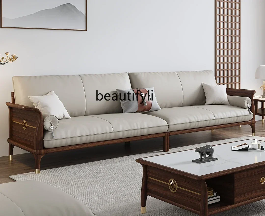 

New Chinese ebony solid wood sofa combination size apartment living room leather sofa, furniture set