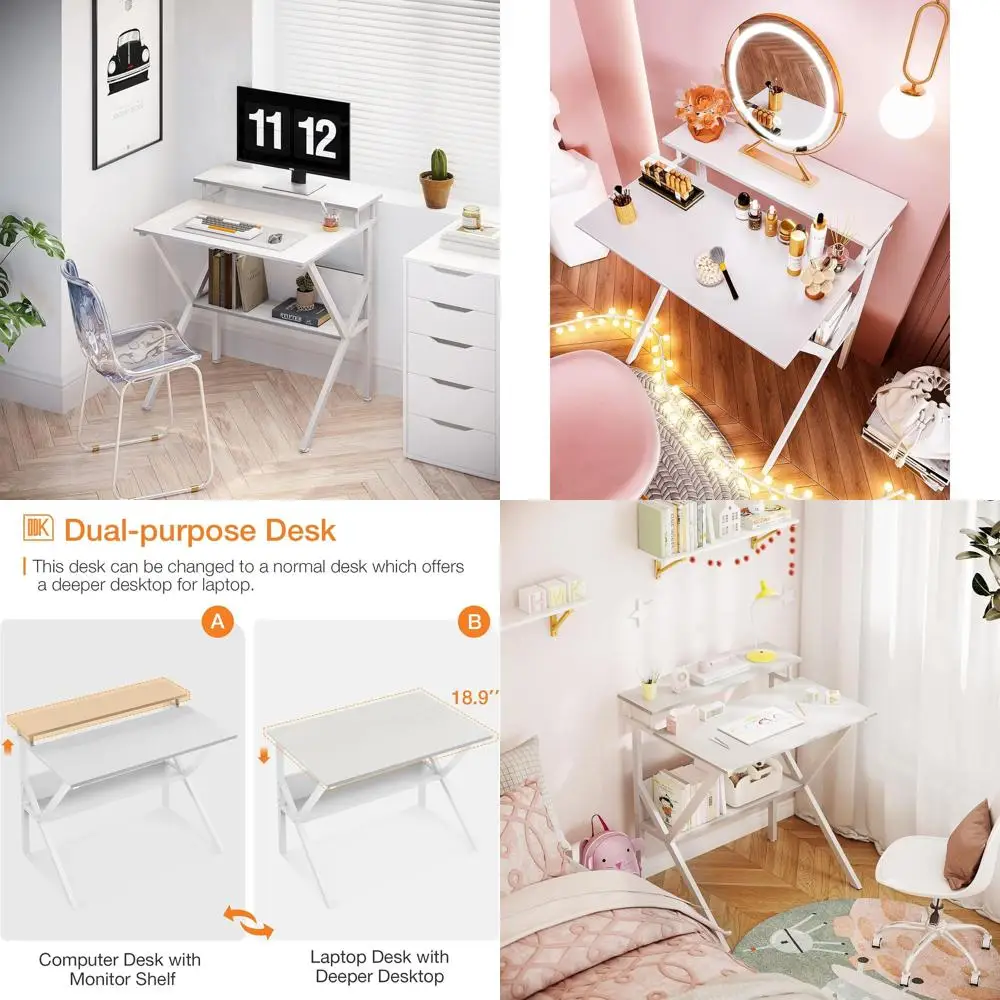 

Small Computer Desk, 27.5 inch Desk for Small Spaces with Storage, Compact Table with Monitor & Storage Shelves for Home Office,