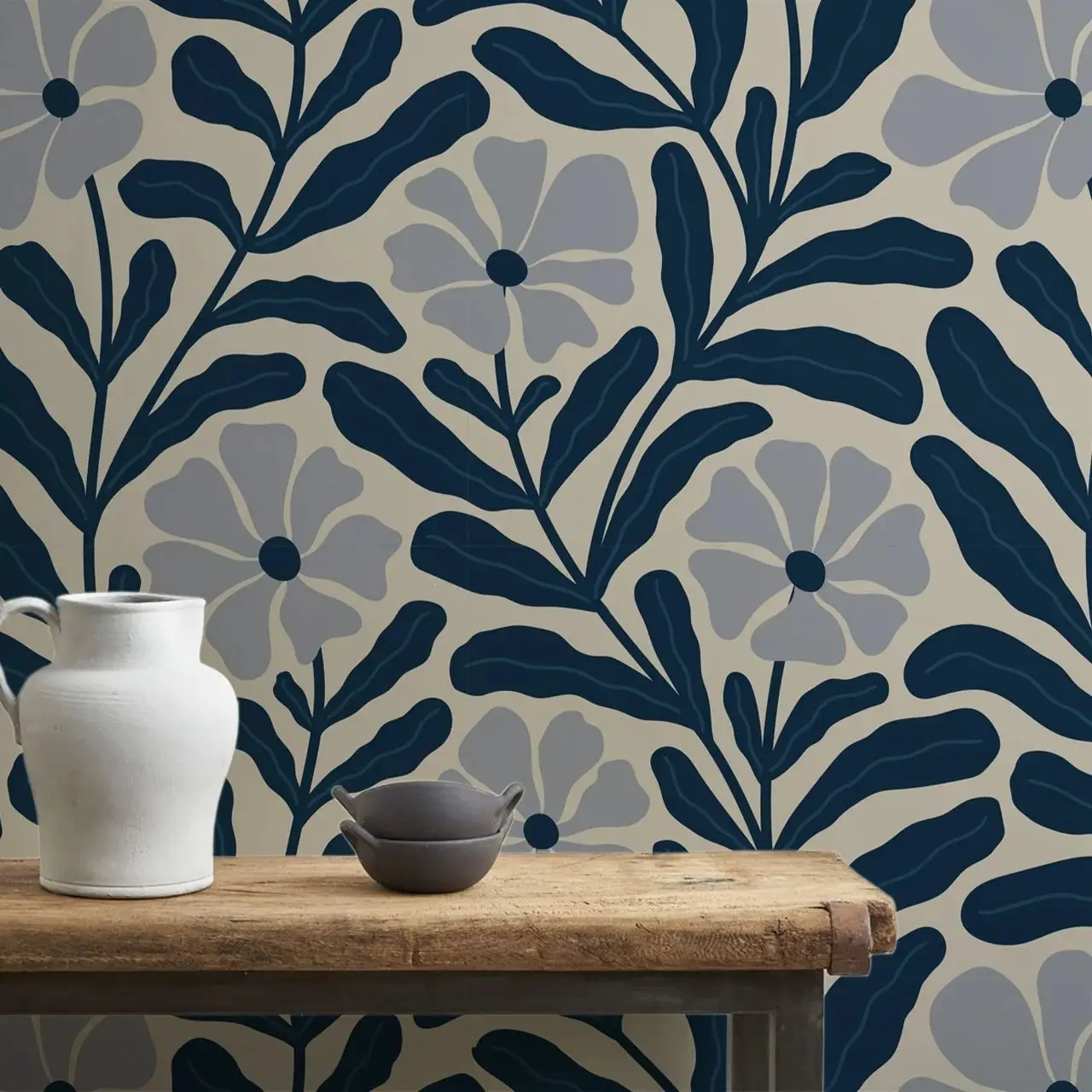 花の形をした抽象的なネイビーブルーの壁紙,家の装飾のための粘着性の壁紙,壁の芸術,カスタムサイズと色