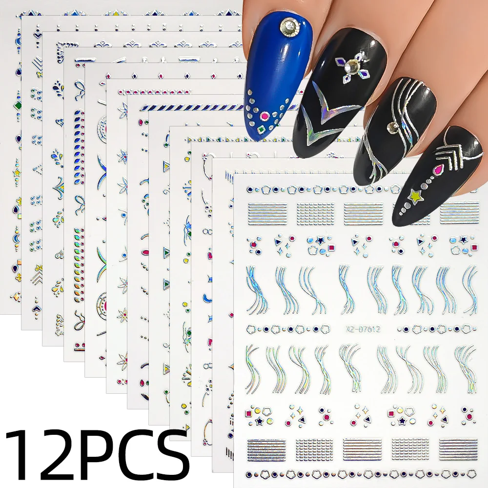 12 Stück 3D Bronzing Metall Silber Flamme Nagelaufkleber Y2k Stern Mond Schlange selbstklebende Schieber Französisch Streifen Linie Schleife Maniküre Aufkleber