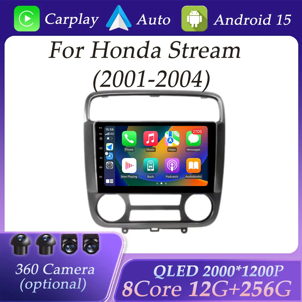 

Android 15 Carplay for Honda Stream 2001- 2004 Car Radio Video Audio Multimedia Player GPS Navigation DSP Stereo QLED Screen BT
