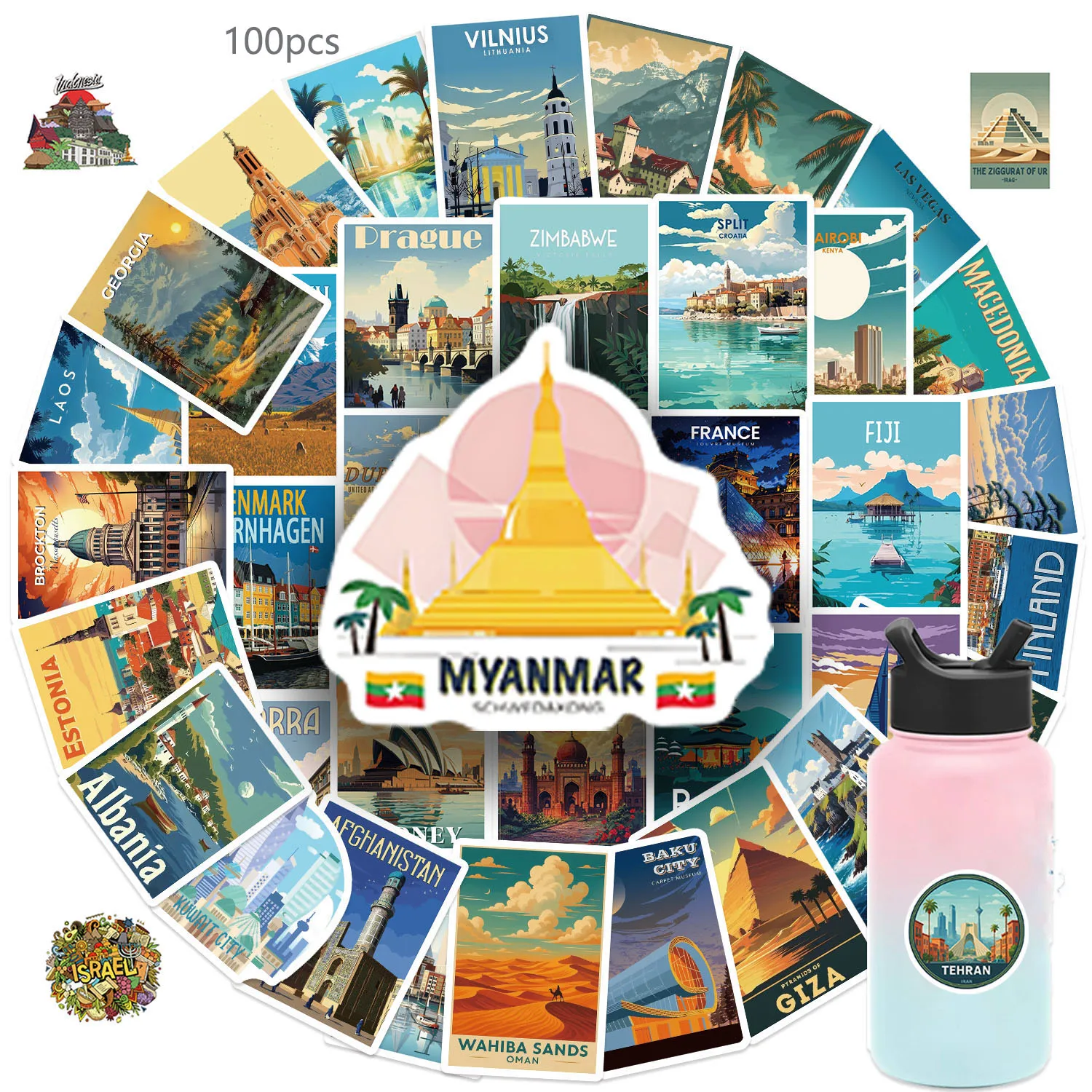 100 Uds. Pegatinas de monumentos del mundo, calcomanía estética de viaje, Graffiti DIY, maleta para teléfono, pegatina de pared para equipaje