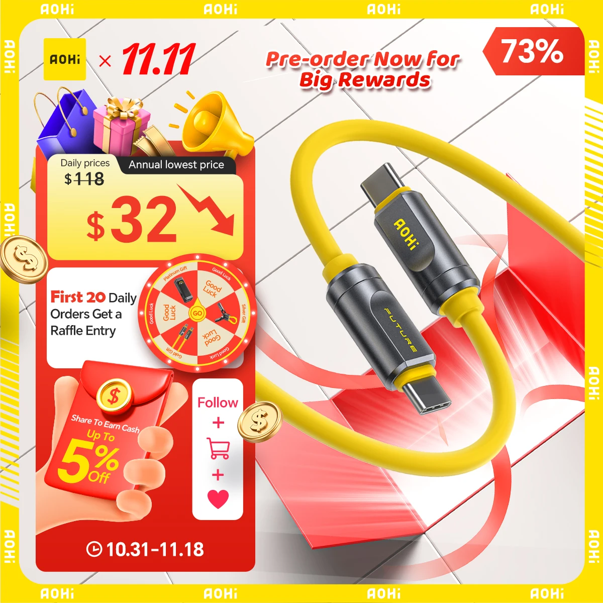 AOHI THE FUTURE  Adonis USB4 2.0  Type C Cable 240W Fast Charging 3.3FT (120Gbps/ 8K/ PD3.1) For MacBook For iPad