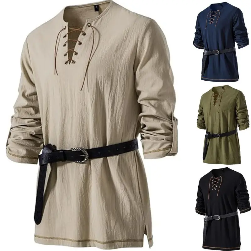 

Men's Medieval Lace Up Tunic Shirt Renaissance Viking Pirate Costume Long Sleeve Retro Tops with Belt for Halloween Cosplay