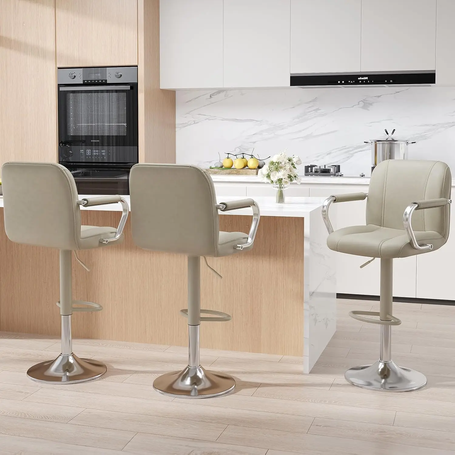 

3-Piece Adjustable Swivel Bar Stools with Backs - Modern Beige Kitchen Island Chairs for Home or Cafe