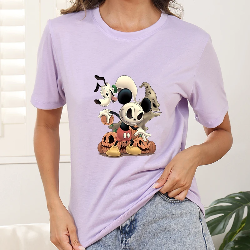 

Woman Clothing Cartoon Female Disney Printed Short Sleeve Tops Y2k Magic Halloween Festival Clothes Black Pink Anime t shirts