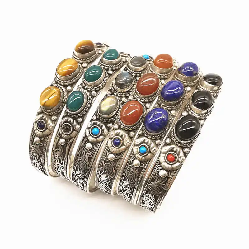 Tibetan Jewelry Copper Inlay Natural Stone 3 Beads Slim Open Cuff Multi Stones 2024 Fashion Trend BB-008