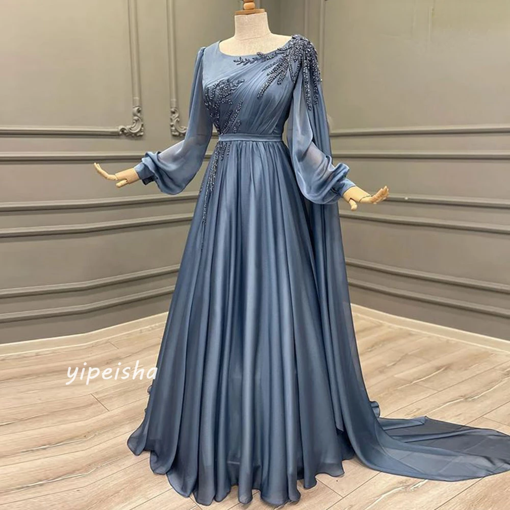 Jiayigong Sparkle Exquisite  Evening Satin Sequined Beading Ruched Formal  A-line O-Neck Bespoke Occasion Gown Long Dresses