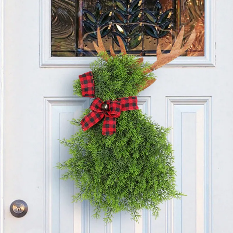 Animal Deer Shape Christmas Wreaths Decoration Christmas Home Wall Wreath Outdoor Garland Artificial Pine Needle Elk Door Wreath