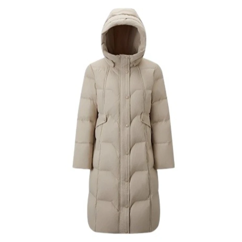 자카드 크로스 패턴의 체리콤 롱 후드 다운 재킷 양방향 지퍼 플래킷 방풍 커프스 및 사선 포켓 Y309181Y