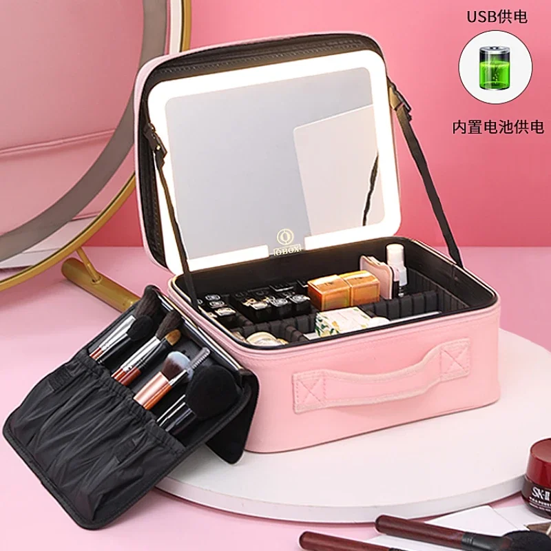 Ladies cosmetic bag with lamp mirror cosmetic case professional with makeup artist portable storage bag