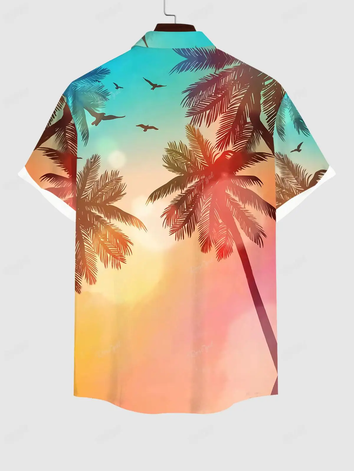 S-3X Plus Size Matching Hawaii Beach Outfit For Couples Ombre Dusk Coconut Tree Swallow Print Dress and Button Shirt