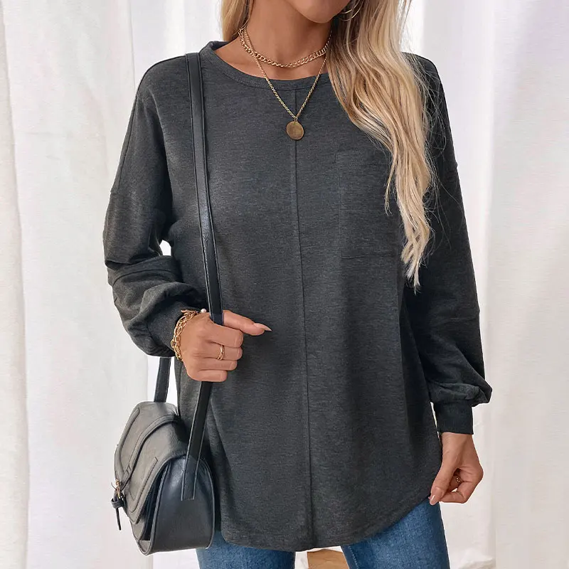 

Women's Dark Grey Loose Round Neck Long Sleeve Sweatshirt - Casual Side Pocket Curved Hem Pullover Top